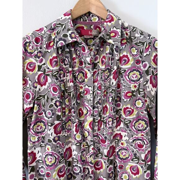 BODEN gray pink retro floral button down longline 100% cotton tunic top blouse - Picture 2 of 7